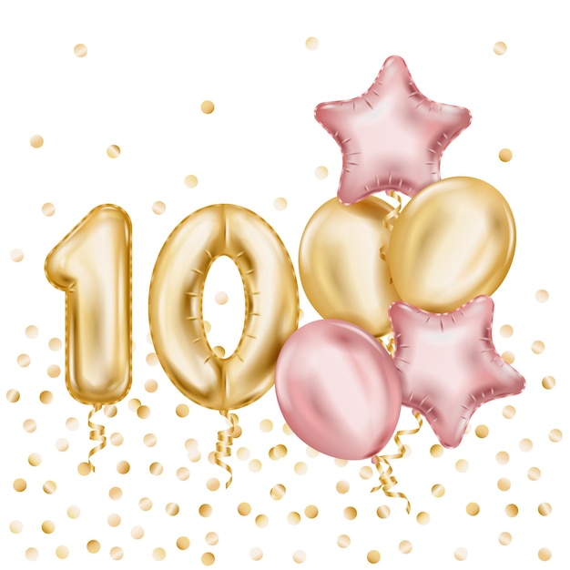 Free vector anniversary balloons realistic composition with gold shiny numbers one and zero and additional star shaped balloons illustration