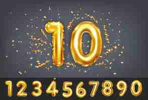 Free vector anniversary holiday realistic background with golden balloon numbers sparkling streamers and confetti isolated vector illustration