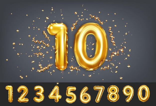 Anniversary holiday realistic background with golden balloon numbers sparkling streamers and confetti isolated vector illustration