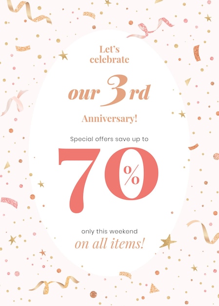 Anniversary sale template with 70 percent off for social media post