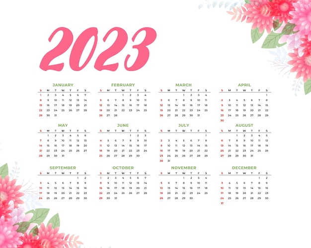 Vettore gratuito modello di calendario annuale 2023 con decorazione floreale