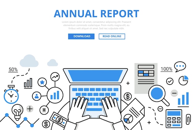 Annual financial report concept flat line style. Hands working laptop calculator document chart graphic.