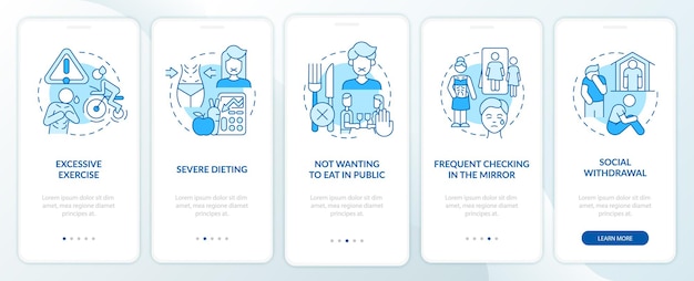 거식증 정신증상 블루 온보딩 모바일 앱 화면. 엄격한 다이어트 연습 5단계 그래픽 지침 페이지에 선형 개념이 있습니다. ui, ux, gui 템플릿입니다. 무수히 많은 pro-bold, 일반 글꼴 사용