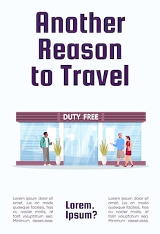Another reason to travel poster template. duty free shop in airport terminal. commercial flyer design with semi flat illustration. vector cartoon promo card. airline services advertising invitation