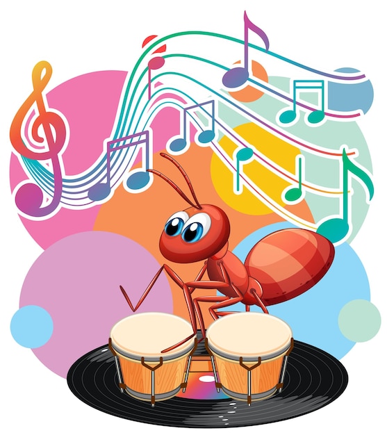 Ant cartoon with music melody symbols