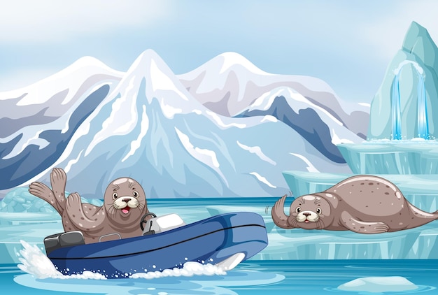 Free vector antarctica landscape with seal in a boat