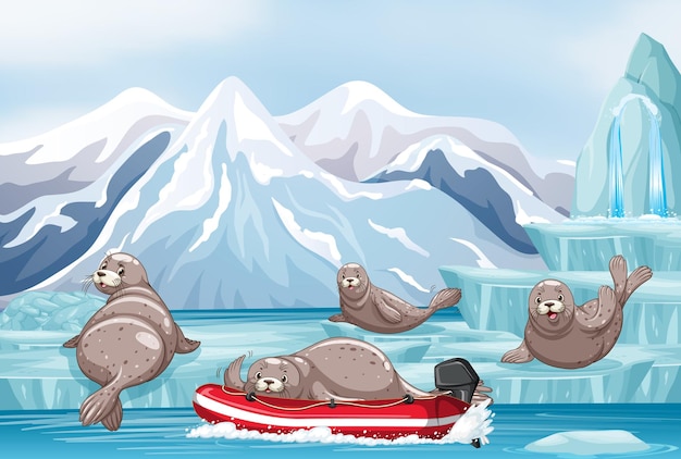 Free vector antarctica landscape with seal in inflatable boat