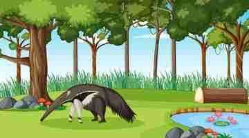 Free vector an anteater in forest scene with many trees