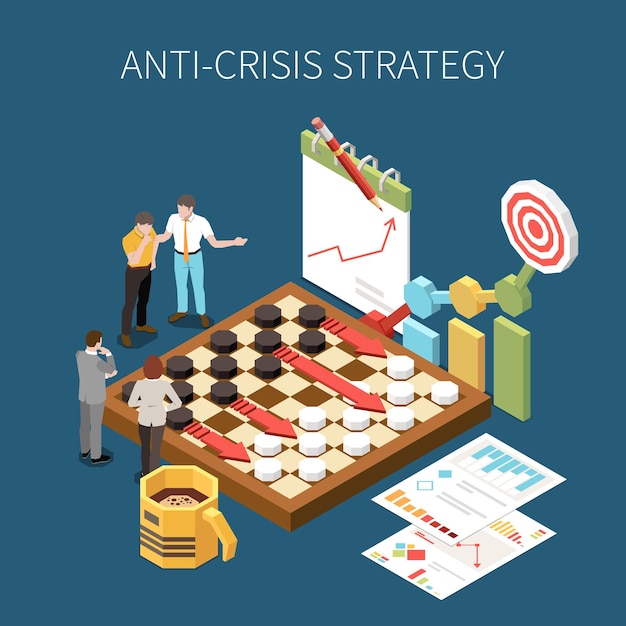 Free vector anti-crisis strategy isometric concept with professional business management symbols vector illustration