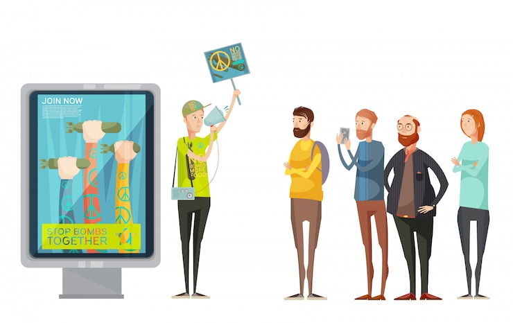 Free Vector anti war propaganda design concept with young man holding placard and watching and photographing cartoon 
