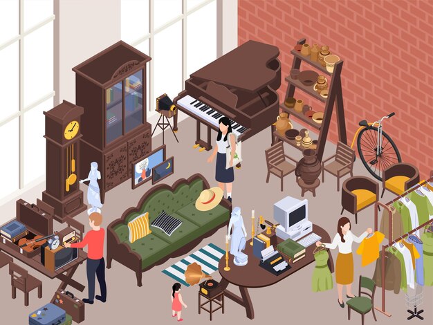 Free vector antiquarian antique isometric composition with indoor scenery and human characters looking at vintage goods and clothes vector illustration