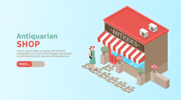 Antiquarian shop horizontal banner with elegant woman coming to shop window to make vintage purchase isometric