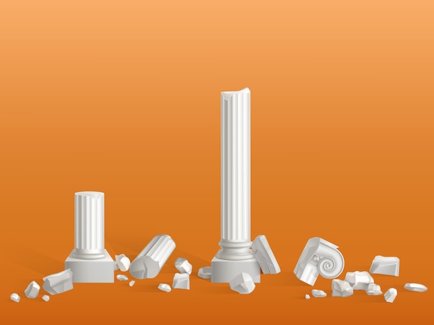 Antique columns of white marble stone broken on pieces,