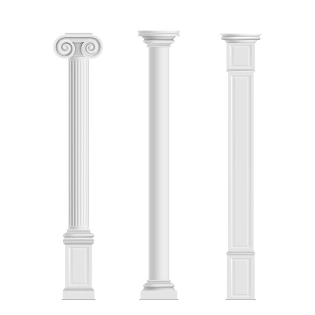 Antique cylindrical doric, Ionic orders and modern cubic columns of marble stone 