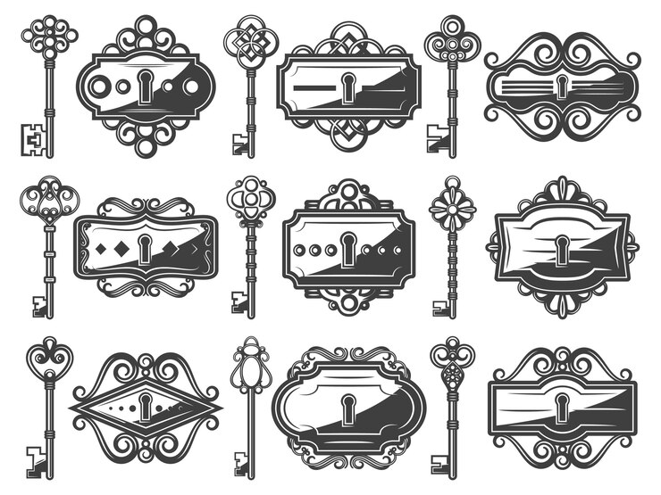 Free Vector antique metal keyholes set with ornamental old keys in vintage style
