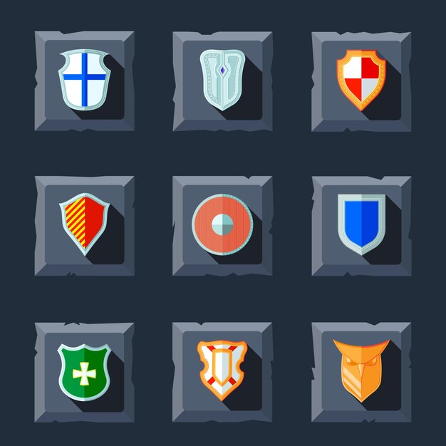 Antique military shields crest medieval heraldry flat icons set isolated vector illustration