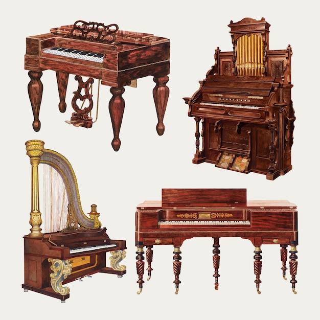 Старинный набор элементов дизайна векторных фортепиано и органа, переработанный из коллекции общественного достояния