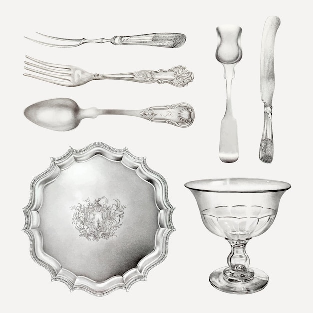 Free vector antique silverware vector design element set, remixed from public domain collection