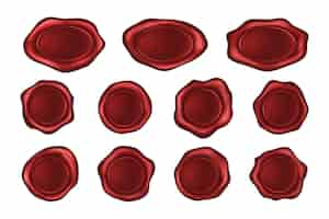 무료 벡터 흰색 배경 만화 벡터 그림 세트에 원형 및 타원형 모양의 골동품 왁스 우표. 인증서, 봉투 또는 스크롤에 대한 평면 심장 및 엠보싱 테두리가 있는 오래된 왁스 도장
