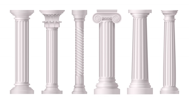 Античные белые колонны реалистичные набор с различными стилями греческой архитектуры