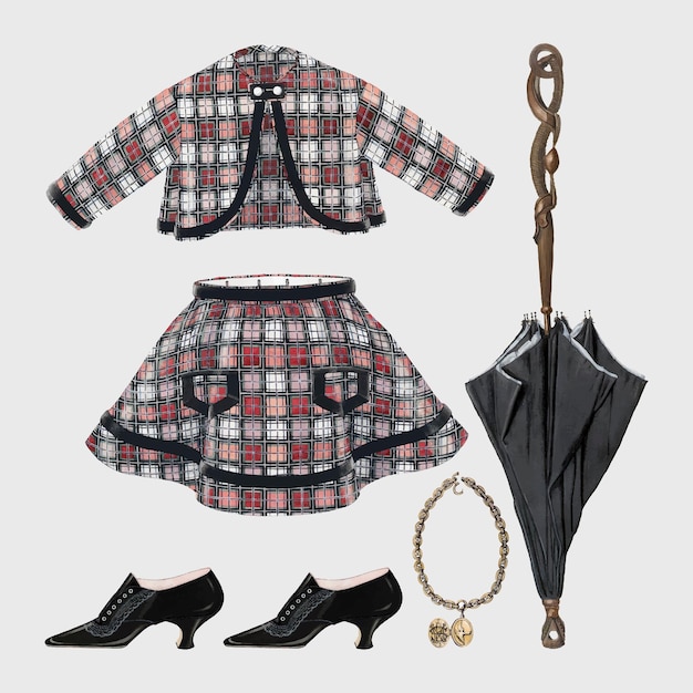 Free vector antique women's vector fashion outfit design element set, remixed from public domain collection