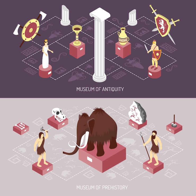Free Vector antiquity museum isometric banners set
