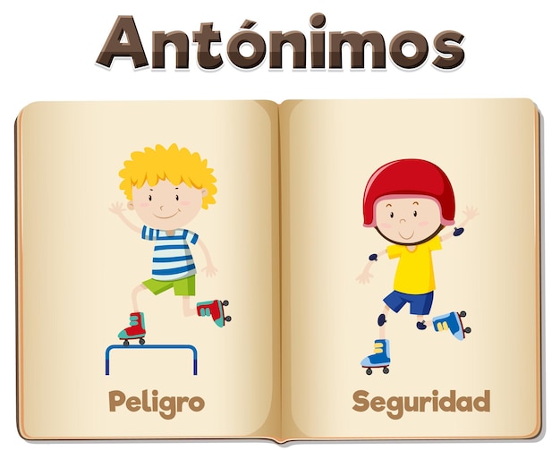 Free vector antonym word card peligro and seguridad means danger and safety