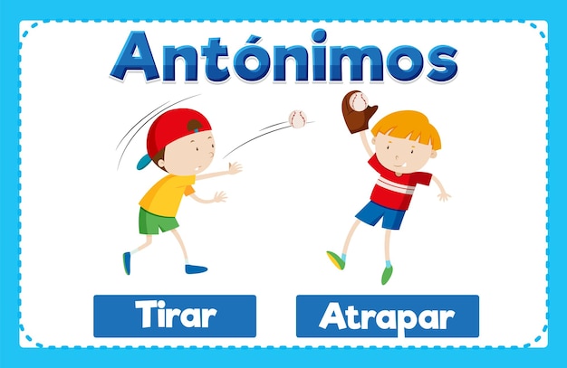 Free vector antonym word card tirar and atrapar means to throw and to catch