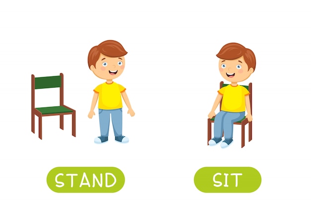 Antonyms and opposites stand and sit. cartoon characters illustration on white .