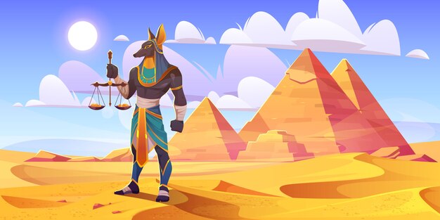 アヌビスエジプトの神、古代エジプトの神の人体とジャッカルヘッドロイヤルファラオの王室の服を着て黄金のコインとスケールを保持しているピラミッド、漫画のベクトル図と砂漠に立つ