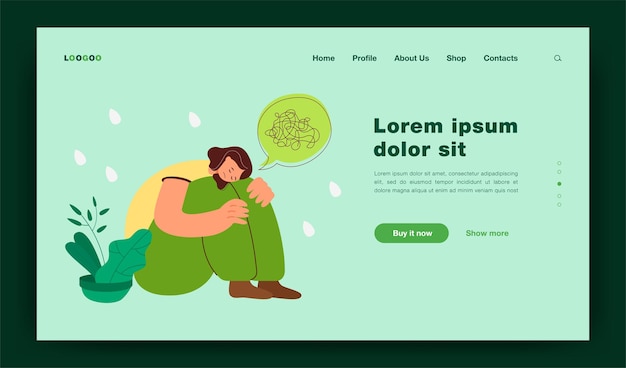 anxiety and depression  illustration. unhappy lonely crying woman suffering from mental disorder, sitting on floor. thought bubble with tangled rope at head. for frustration, stress concept landing page