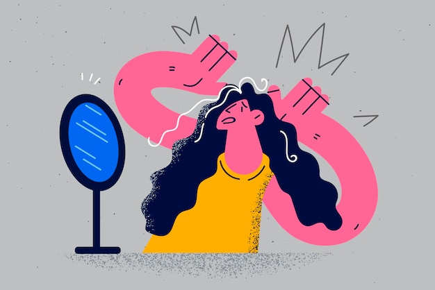 Anxious woman look in mirror stressed with first grey hair on head. unhappy frustrated female feel shocked distressed become grey-haired. aging and beauty concept. flat vector illustration.