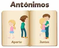 Vettore gratuito aparte e juntos antonym word card in spagnolo significa separatamente e insieme