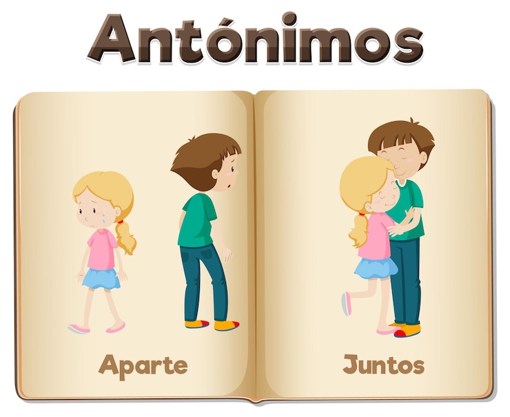 Free Vector aparte and juntos antonym word card in spanish means apart and together