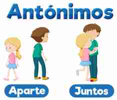 Vettore gratuito aparte e juntos antonym word card in spagnolo significa separatamente e insieme