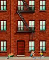 Free vector apartment building scene with boys laying bricks