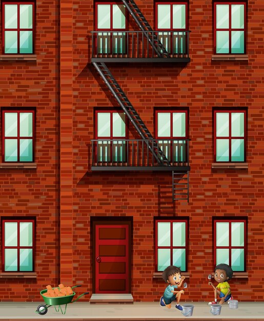 Apartment building scene with boys laying bricks