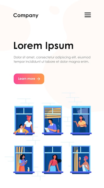 Vettore gratuito condominio con persone in spazi aperti con finestre. i vicini bevono caffè, parlano, usano il cellulare