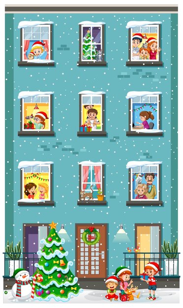 隣人の漫画のキャラクターとアパートの窓