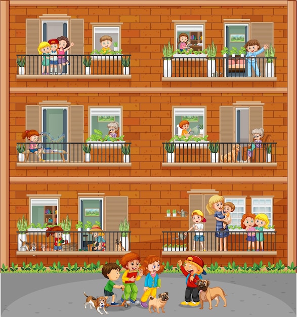 Apartment windows with neighbors cartoon character