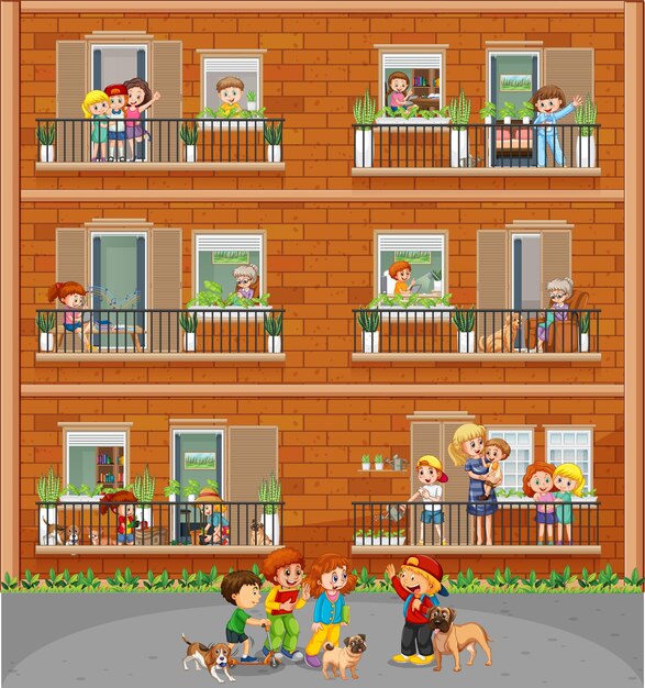 Apartment windows with neighbors cartoon character