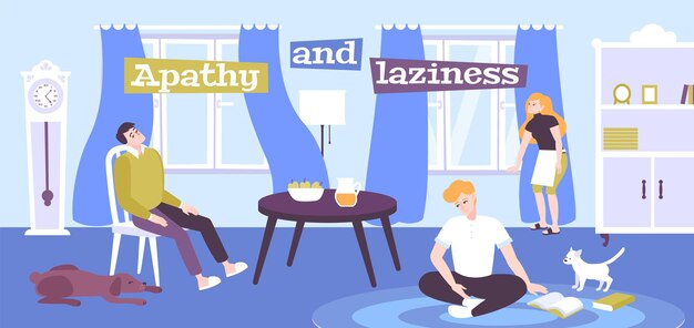 Apathy and laziness emotions flat illustration with depressive people staying home 