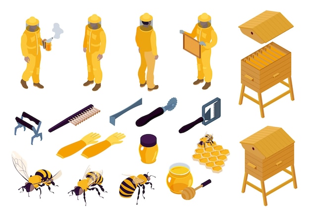 Apiary isometric color set with beekeepers bees and various equipment for beekeeping isolated 3d vector illustration