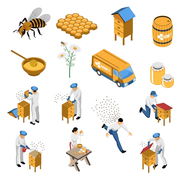 Apiculture isometric set with flowers and bees beekeeper near hive honey in various containers isolated 