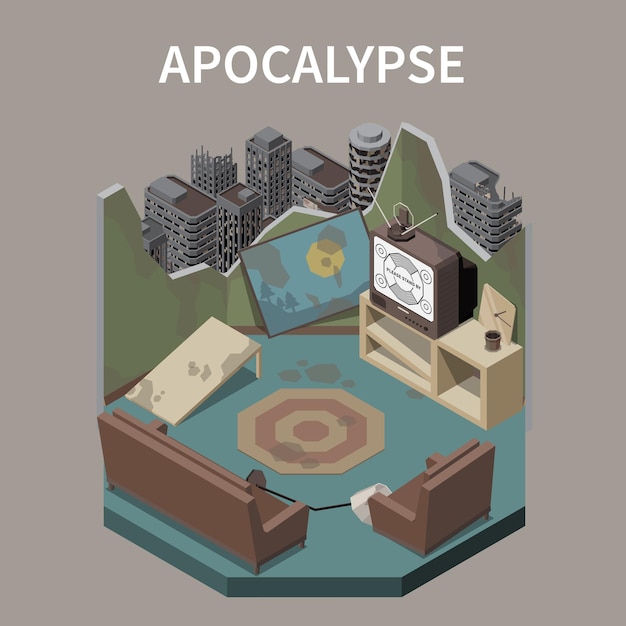 Free vector apocalypse abstract design concept illustrated derelict room in destroyed building at city ruins background isometric illustration