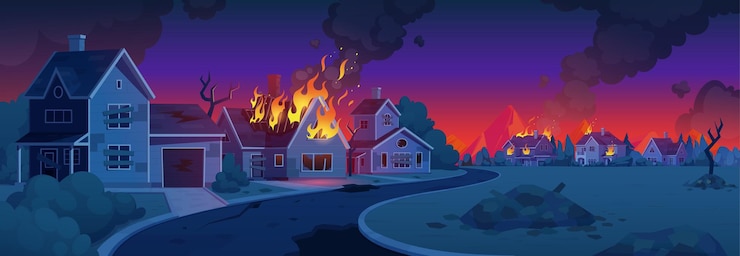 Free Vector apocalypse city road with fire building cartoon