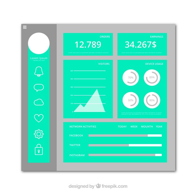 App dashboard template with flat design