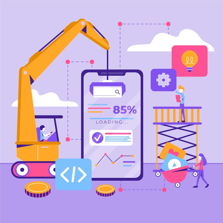 Free Vector app development concept with phone and crane