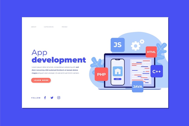 Free vector app development landing page template with phone and laptop