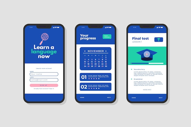 Vettore gratuito interfaccia dell'app per l'apprendimento di una nuova lingua